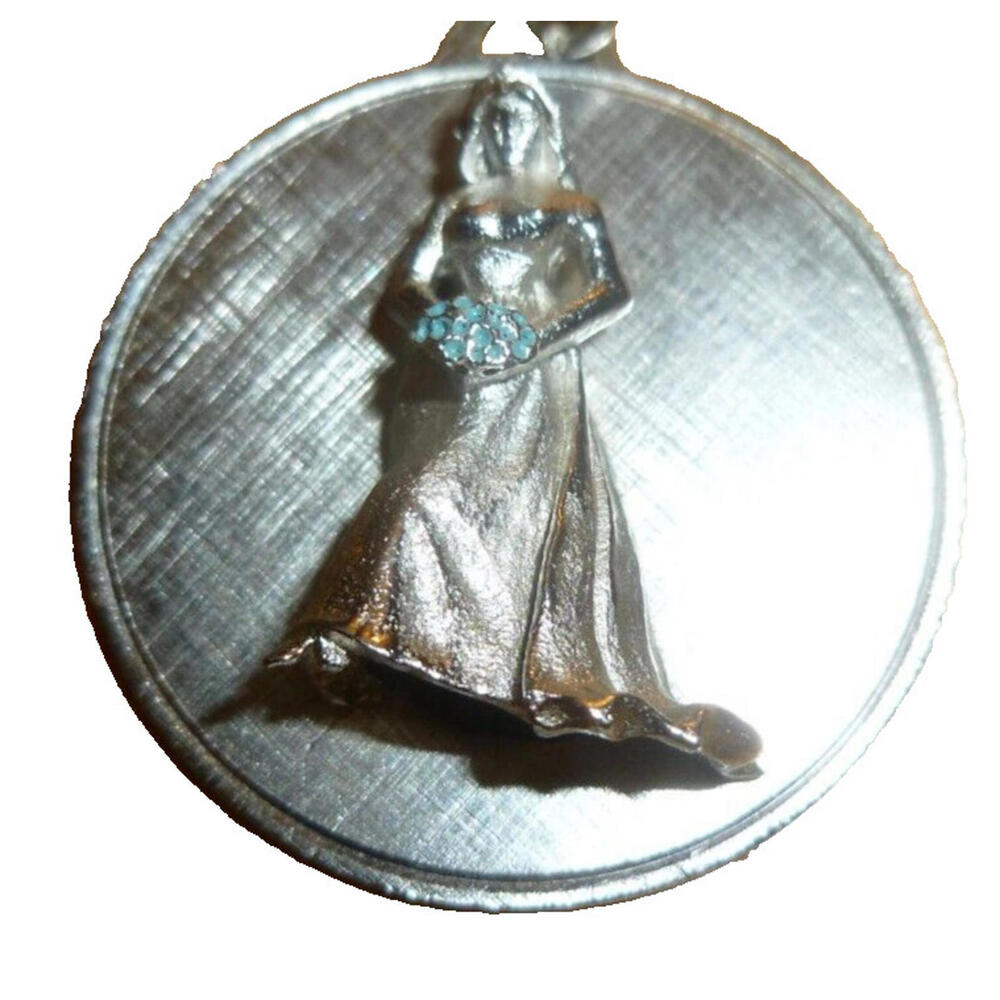Vintage Silver Tone Bride Pendant Necklace Blue Bouquet Textured Disc Charm